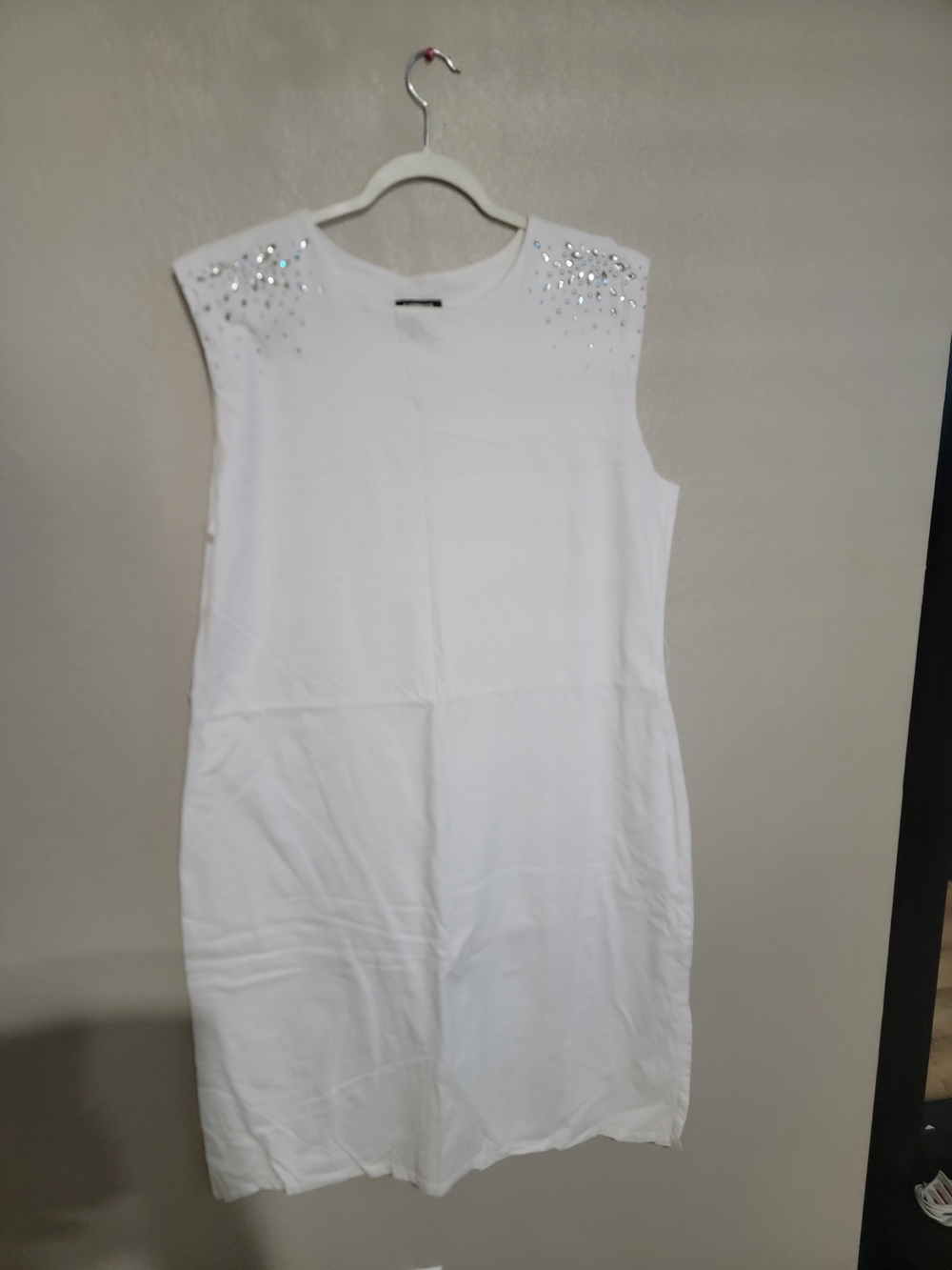 Express White Midi Shift Dress with Shoulder Crystal Accents